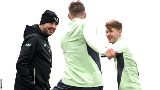 A smiling Republic interim boss John O' Shea during training for Saturday's game against Belgium