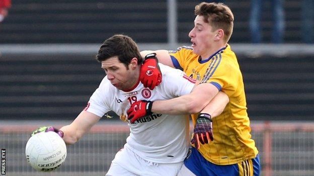 Sean Cavanagh battles with Roscommon's Niall McInerney earlier this month