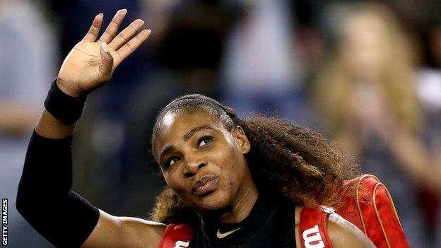 Serena Williams waves to the crowd in her comeback match from maternity leave at the 2018 Indian Wells tournaments