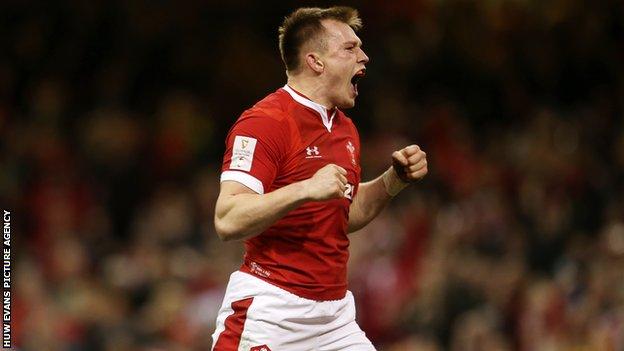 Nick Tompkins after scoring his try against Italy in his Wales debut which was the first of his four Wales caps so far