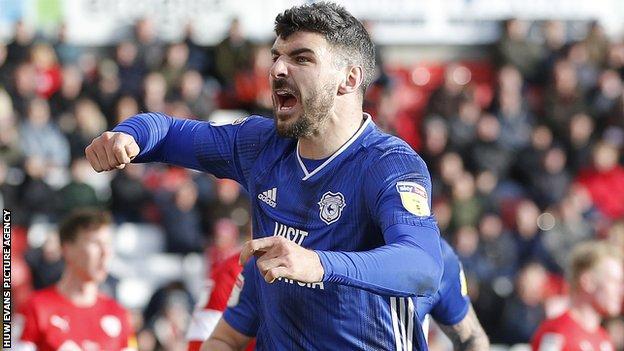 Callum Paterson celebrates scoring in Cardiff City's last game, a 2-0 win at Barnsley on 7 March