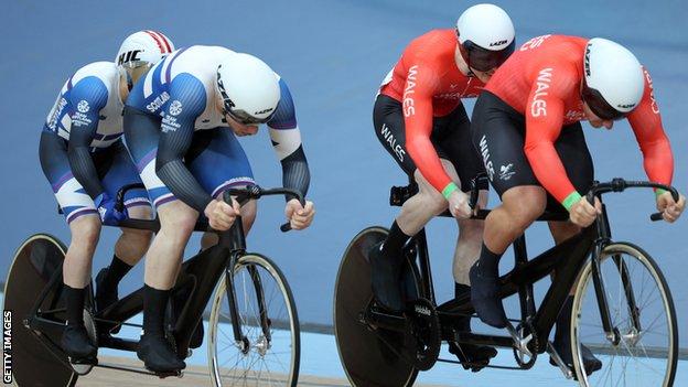 Scottish tandem pair Neil Fachie and Lewis Stewart battle with Wales's James Ball and Matt Rotherham