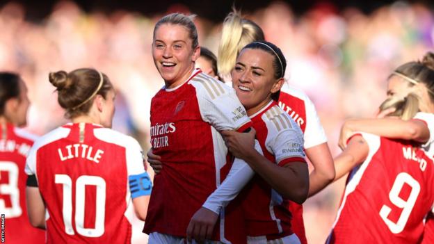 Alessia Russo and Katie McCabe celebrate an Arsenal goal