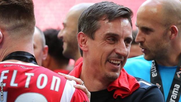 in_pictures Gary Neville celebrates after a Salford City game