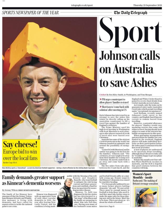 The front page of the Daily Telegraph sport section