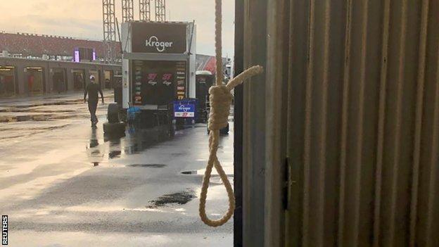 Noose at Bubba Wallace's team garage Geico 500 at Talladega