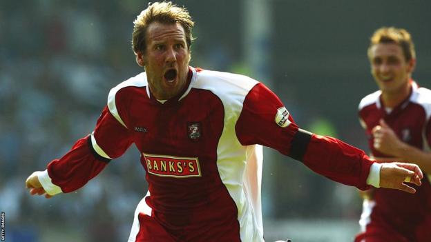Paul Merson celebrates scoring for Walsall