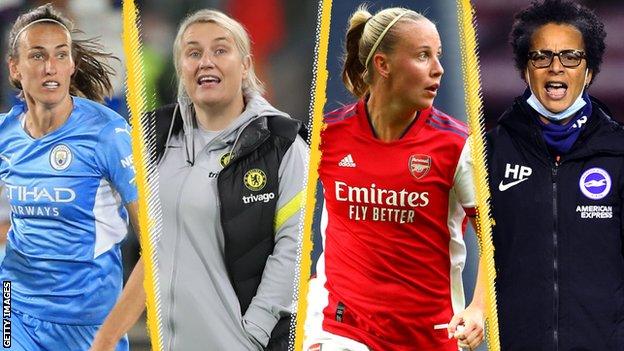 Split picture of Manchester City's Jill Scott, Chelsea boss Emma Hayes, Arsenal's Beth Mead and Brighton boss Hope Powell