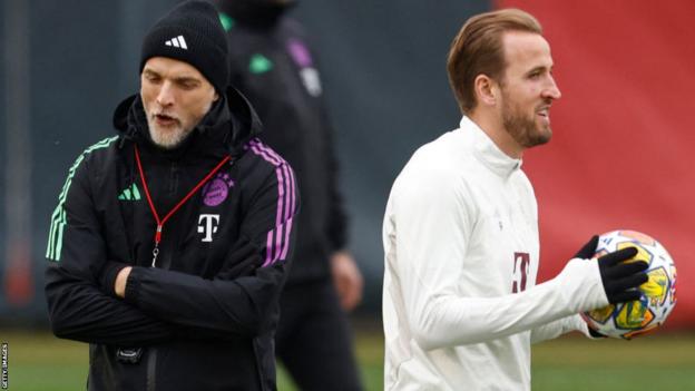 Thomas Tuchel and Harry Kane during training