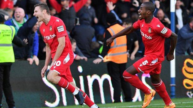 Wrexham's Paul Mullin and Aaron Hayden celebrate