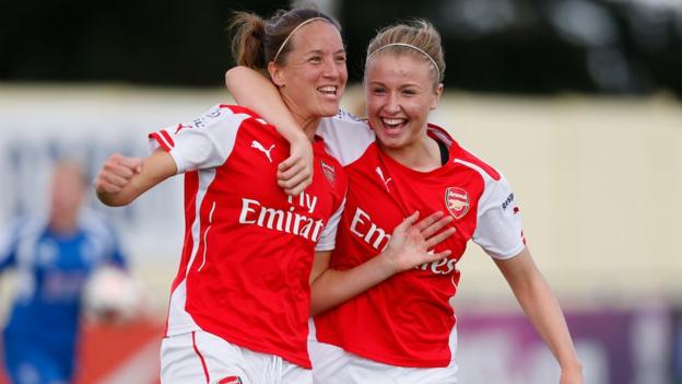 Leah Williamson (right) celebrates with Casey Stoney