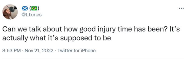 A tweet that reads: Can we talk about how good injury time has been? It’s actually what it’s supposed to be