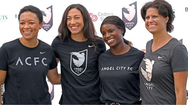 Angel City vice-president Angela Hucles Mangano, player Christen Press, sporting director Eni Aluko and president Julie Uhrman