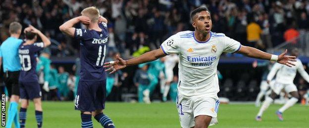 Rodrygo celebrates scoring against Manchester City