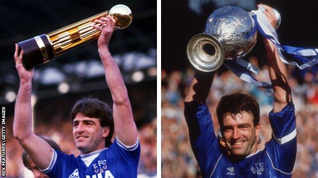 Kevin Ratcliffe lifts the league trophy in 1985 and 1987. He is Everton's most successful captain in the club's 140-year history