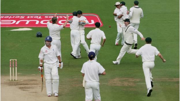 Australia celebrating Glenn McGrath's dismissal of Simon Jones that sealed victory in the first Test in 2005