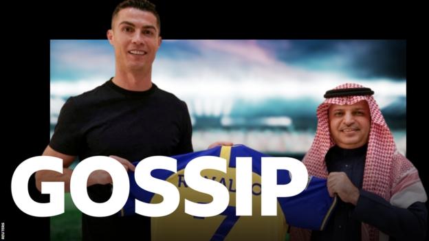 Cristiano Ronaldo with Musalli Al-Muammar, president of the Saudi Arabian club Al Nassr, with the BBC Sport Gossip logo
