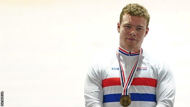 Jack Carlin with his British National Track Championship gold medal after winning the keirin title