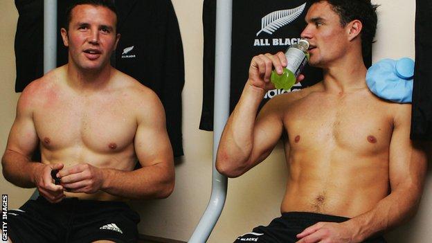 Aaron Mauger (left) with Dan Carter in the New Zealand dressing room