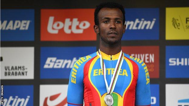 Eritrean cyclist Biniam Girmay with his silver medal from the under-23 men's race at cycling's Road World Championships