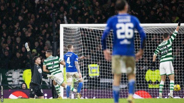 Celtic’s Giorgos Giakoumakis scores to make it 2-0 during a Viaplay Cup Semi Final match between Celtic and Kilmarnock at Hampden Park