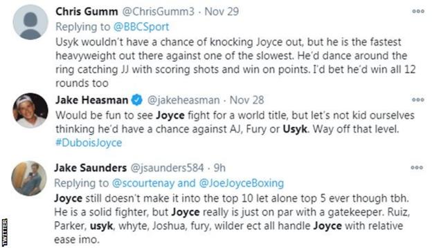 Fans on Twitter think Usyk would beat Joyce, with one fan saying he would win all 12 rounds