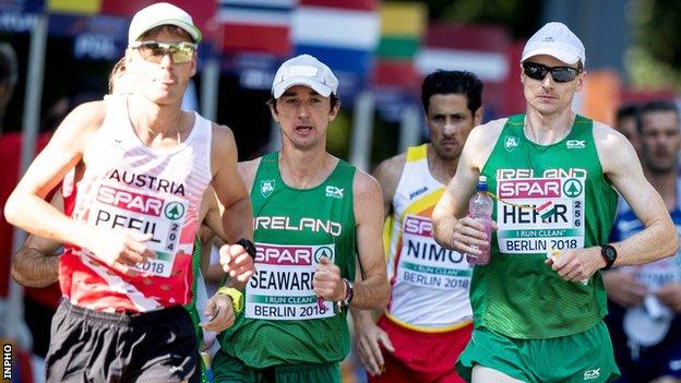 Kevin Seaward (second from left) and his Ireland team-mate Sean Hehir (right) during the men's marathon in Berlin