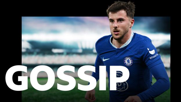A picture of Mason Mount playing for Chelsea on a graphic with the word 'gossip'