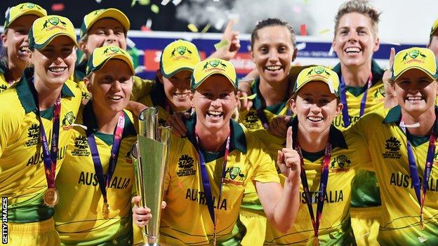 Australia celebrate winning the Women's World T20