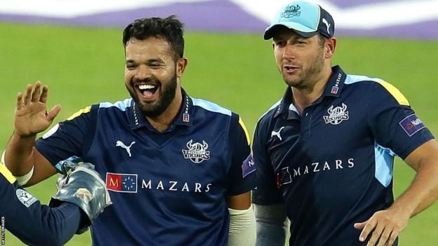 Azeem Rafiq and Tim Bresnan celebrate taking a wicket for Yorkshire when they were team-mates in 2016