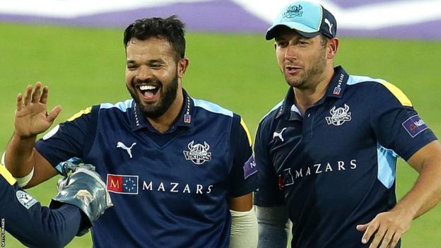 Azeem Rafiq and Tim Bresnan celebrate taking a wicket for Yorkshire when they were teammates in 2016