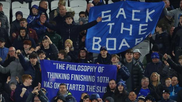 Los fanáticos del Everton sostienen pancartas
