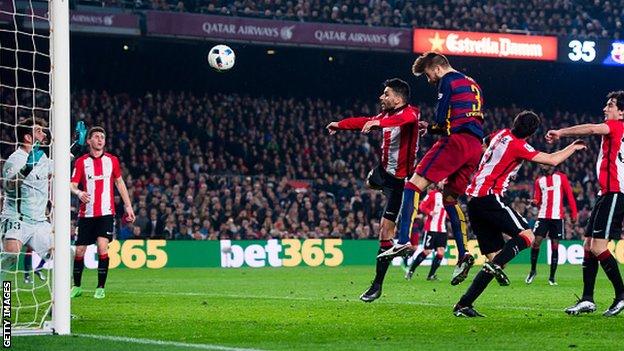 Gerard Pique scores for Barcelona against Athletic Bilbao