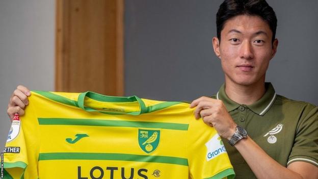Hwang Ui-jo holding a Norwich City shirt