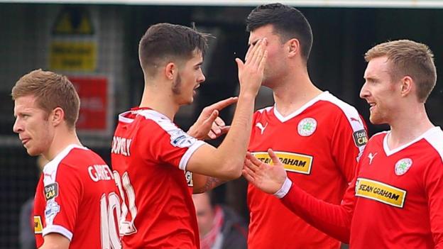 Cliftonville celebrate Chris Curran's goal which gave the Belfast side a 1-0 win away to Dungannon Swifts
