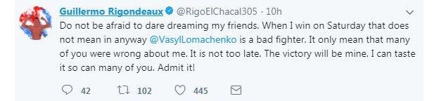 Rigondeaux has been vocal on social media in stating he will upset the odds in New York