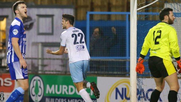 Sky Blues striker Adam Lecky celebrates after scoring the opener in last month's victory at Newry