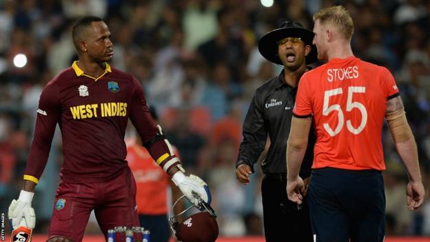 Marlon Samuels and Ben Stokes exchange words during the 2016 T20 World Cup final