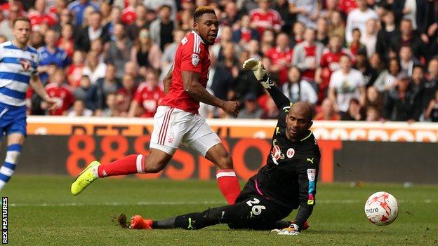 Britt Assombalonga scores his first goal against Reading