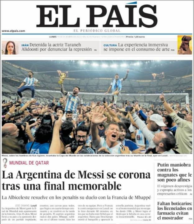 The front page of El Pais with a picture of Argentina fans celebrating on the pitch