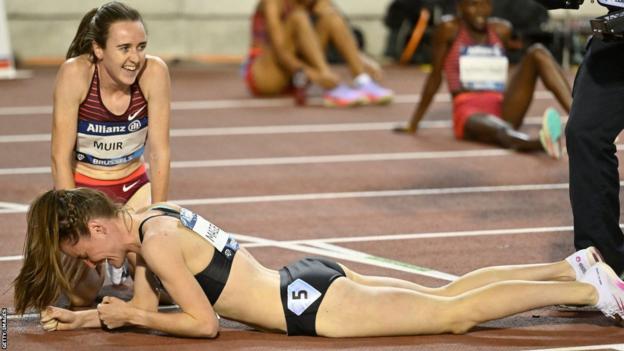 Ciara Mageean celebrates after her Diamond League triumph in Brussels when Commonwealth Games and European Champion Laura Muir was among those in her wake