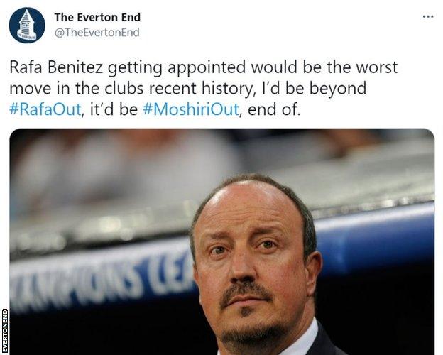 Everton End tweet diciendo que Benítez sería "peor movimiento en la historia reciente del club"