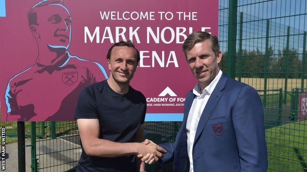 Retiring West Ham captain Mark Noble opening the 'Mark Noble Arena' at the West Ham academy at Chadwell Heath with academy manager Ricky Martin