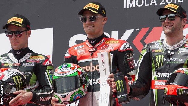 Chaz Davies won ahead of Jonathan Rea and Tom Sykes in both races at Imola