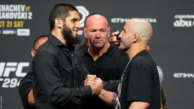 Islam Makhachev and Alexander Volkanovski face off before their lightweight title bout at UFC 294