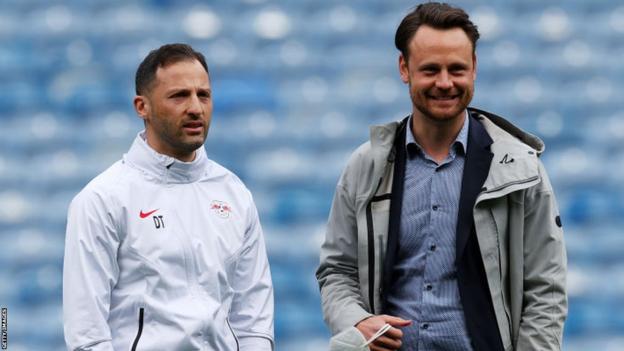 Domenico Tedesco, Head Coach of RB Leipzig speaks with Christopher Vivell