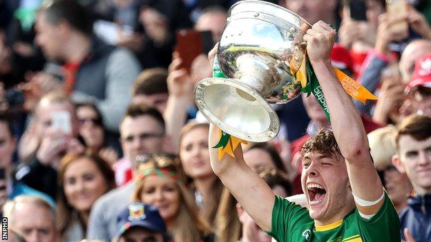 David Clifford holds up the Tom Markham Cup after Kerry's huge win over Derry in the All-Ireland Minor final