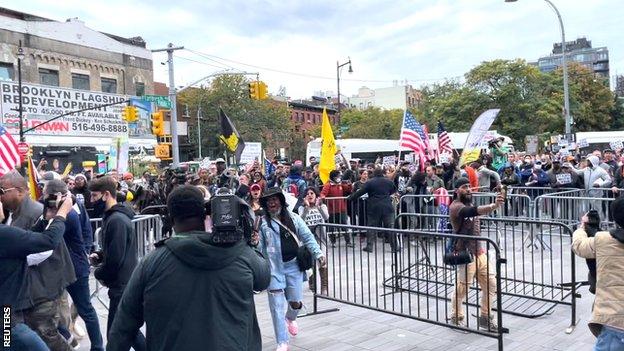 Anti-vaccine demonstrators outside the Barclays Center in New York