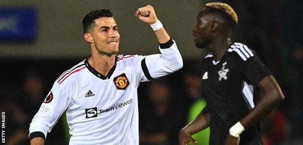 Cristiano Ronaldo celebrates a goal against Sheriff Tiraspol