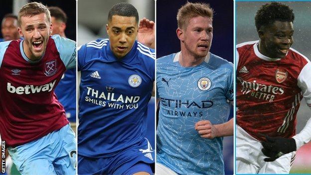 Tomas Soucek, Youri Tielemans, Kevin De Bruyne, Bukayo Saka